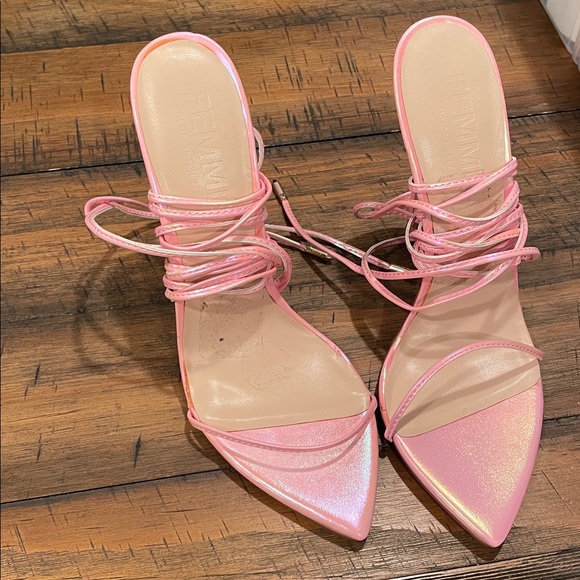 La Femme Shimmering Pink Lace-Up Heels - Picture 3 of 7